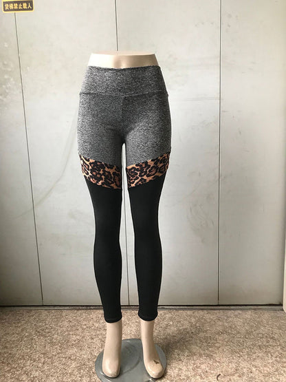Grey And Black Plus Leopard Print Stitching Polyester Fiber Leggings