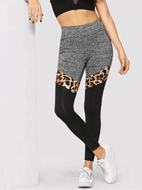 Grey And Black Plus Leopard Print Stitching Polyester Fiber Leggings